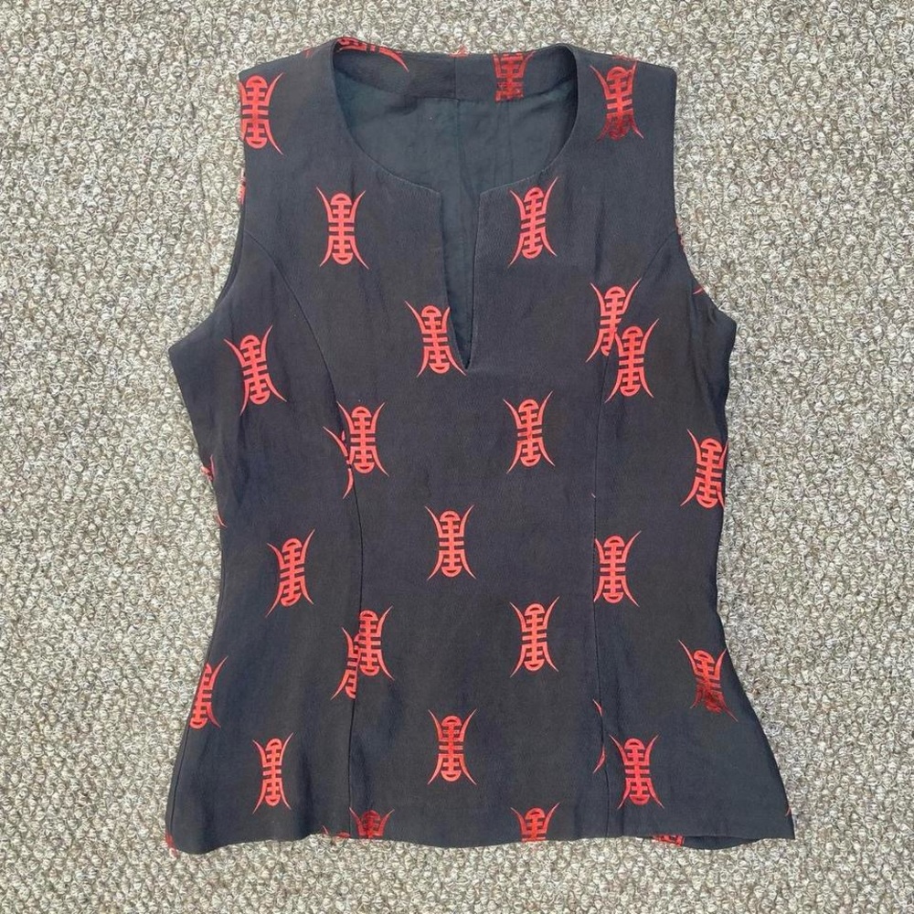 Y2k vintage brocade tank top with with Chinese-character-like motifs